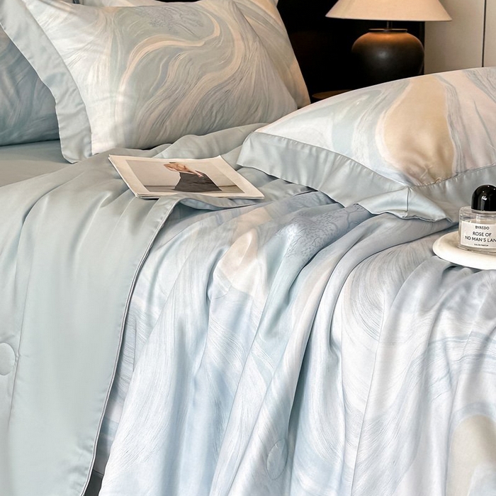 91家纺网 家纺一手货源 找家纺 慕晨 2026新款大宽边天丝莱赛尔数码印花夏被四件套高级简奢款丝滑丝绸直播热款 软烟