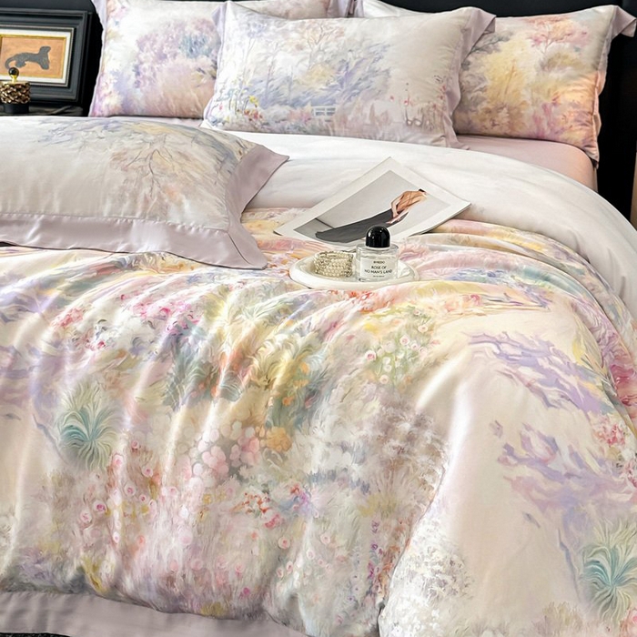 91家纺网 家纺一手货源 找家纺 慕晨 2026新款大宽边高级简奢款凉感天丝莱赛尔数码印花丝滑丝绸四件套直播热款 山野间