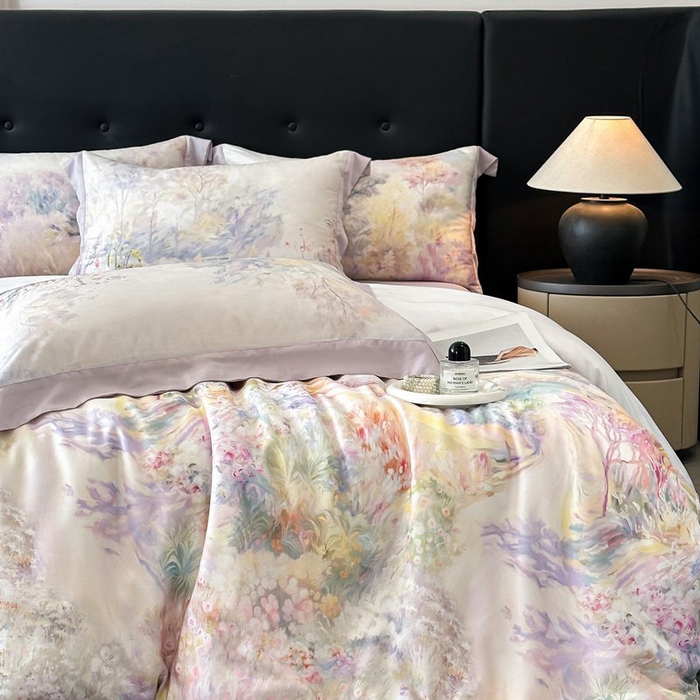 91家纺网 家纺一手货源 找家纺 慕晨 2026新款大宽边高级简奢款凉感天丝莱赛尔数码印花丝滑丝绸四件套直播热款 山野间