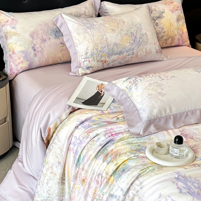 91家纺网 家纺一手货源 找家纺 慕晨 2026新款大宽边高级简奢款凉感天丝莱赛尔数码印花丝滑丝绸四件套直播热款 山野间