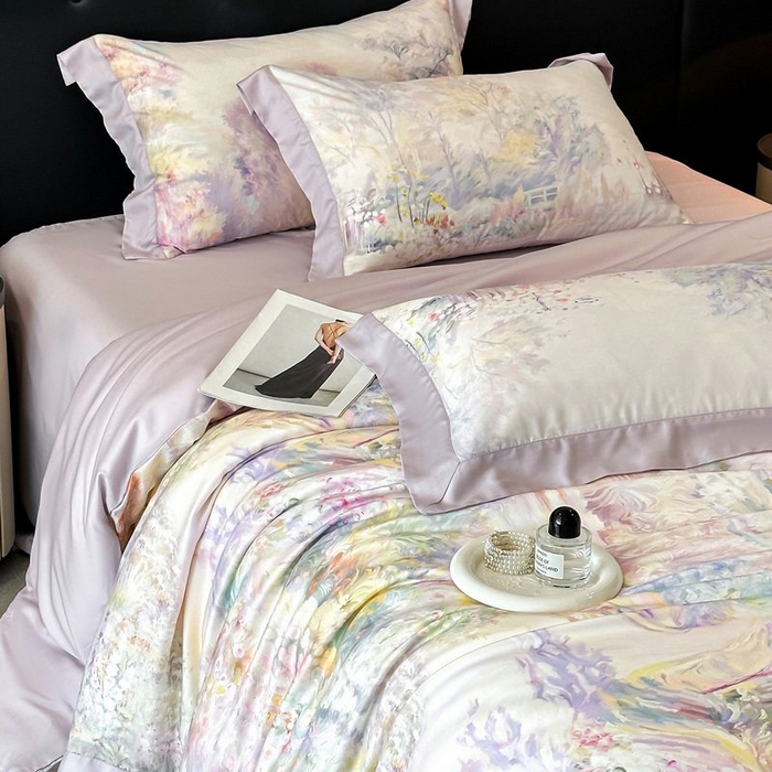 91家纺网 家纺一手货源 找家纺 慕晨 2026新款大宽边高级简奢款凉感天丝莱赛尔数码印花丝滑丝绸四件套直播热款 山野间