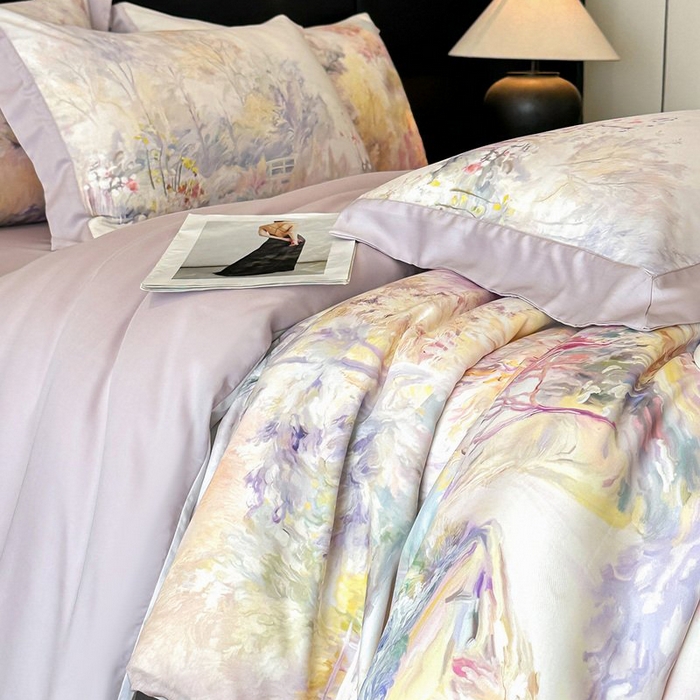 91家纺网 家纺一手货源 找家纺 慕晨 2026新款大宽边高级简奢款凉感天丝莱赛尔数码印花丝滑丝绸四件套直播热款 山野间