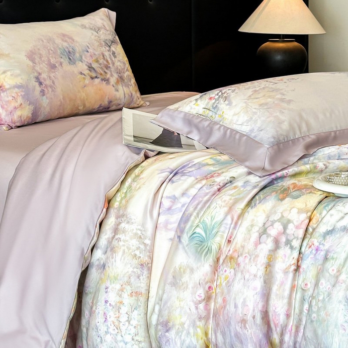 91家纺网 家纺一手货源 找家纺 慕晨 2026新款大宽边高级简奢款凉感天丝莱赛尔数码印花丝滑丝绸四件套直播热款 山野间