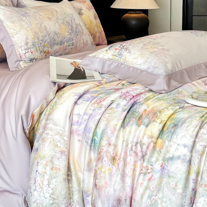 91家纺网 家纺一手货源 找家纺 慕晨 2026新款大宽边高级简奢款凉感天丝莱赛尔数码印花丝滑丝绸四件套直播热款 山野间