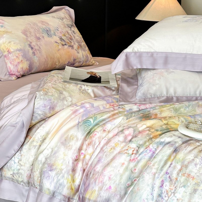 91家纺网 家纺一手货源 找家纺 慕晨 2026新款大宽边高级简奢款凉感天丝莱赛尔数码印花丝滑丝绸四件套直播热款 山野间