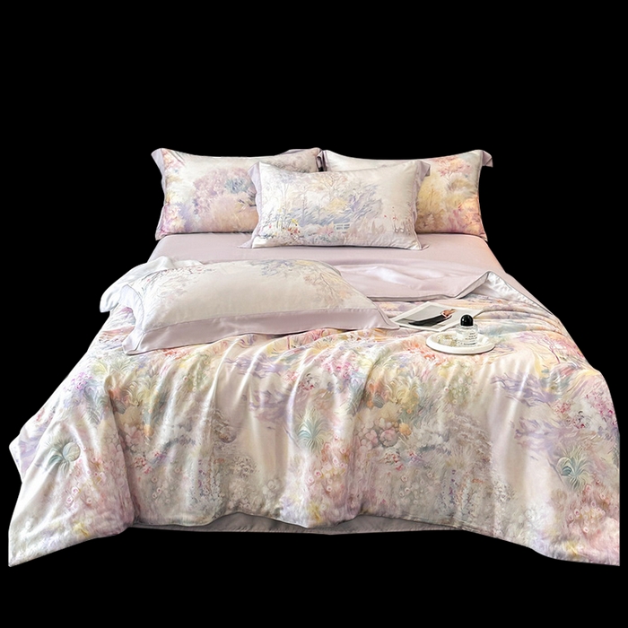 91家纺网 家纺一手货源 找家纺 慕晨 2026新款大宽边天丝莱赛尔数码印花夏被四件套高级简奢款丝滑丝绸直播热款 山野间