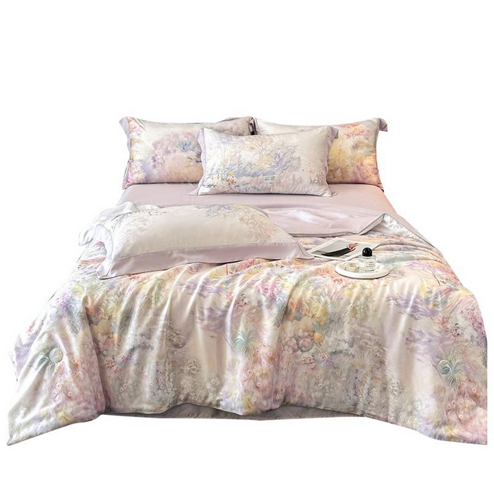 91家纺网 家纺一手货源 找家纺 慕晨 2026新款大宽边天丝莱赛尔数码印花夏被四件套高级简奢款丝滑丝绸直播热款 山野间