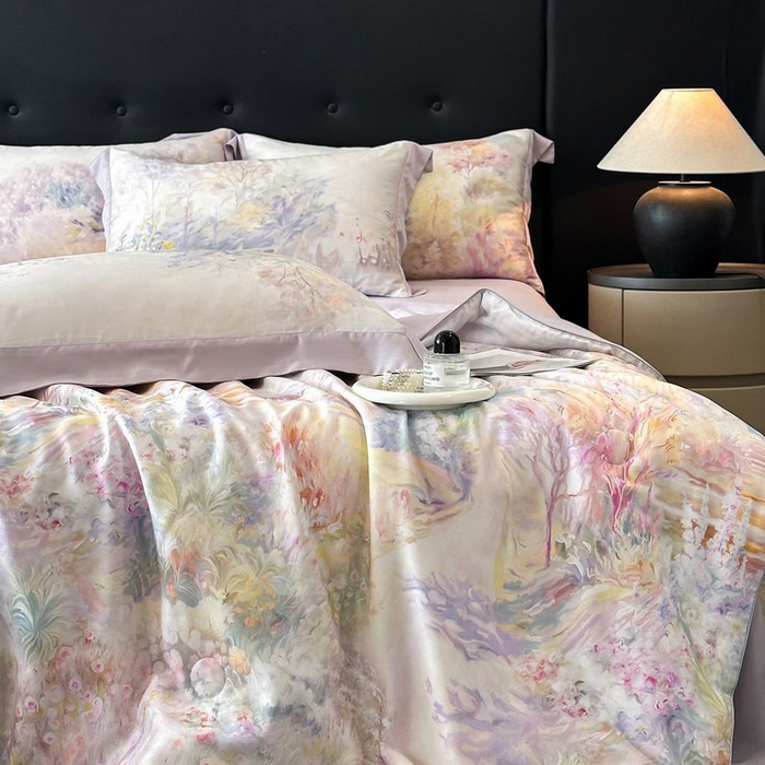 91家纺网 家纺一手货源 找家纺 慕晨 2026新款大宽边天丝莱赛尔数码印花夏被四件套高级简奢款丝滑丝绸直播热款 山野间