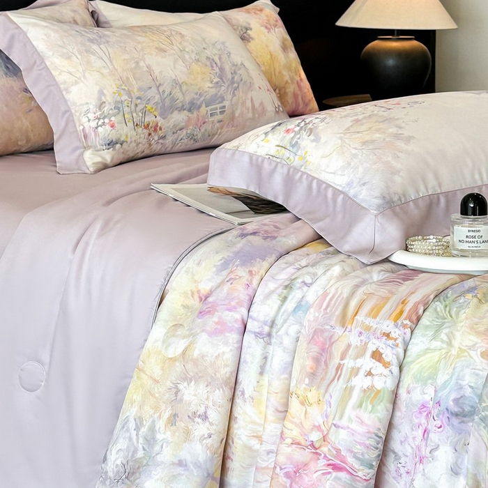 91家纺网 家纺一手货源 找家纺 慕晨 2026新款大宽边天丝莱赛尔数码印花夏被四件套高级简奢款丝滑丝绸直播热款 山野间