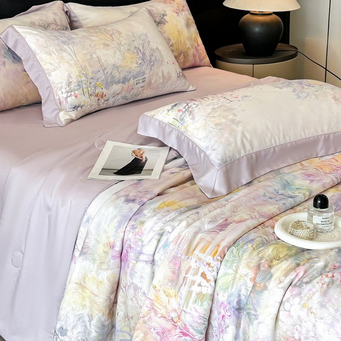 91家纺网 家纺一手货源 找家纺 慕晨 2026新款大宽边天丝莱赛尔数码印花夏被四件套高级简奢款丝滑丝绸直播热款 山野间