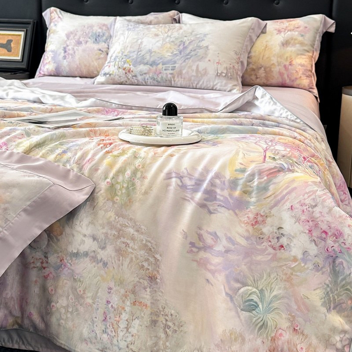 91家纺网 家纺一手货源 找家纺 慕晨 2026新款大宽边天丝莱赛尔数码印花夏被四件套高级简奢款丝滑丝绸直播热款 山野间