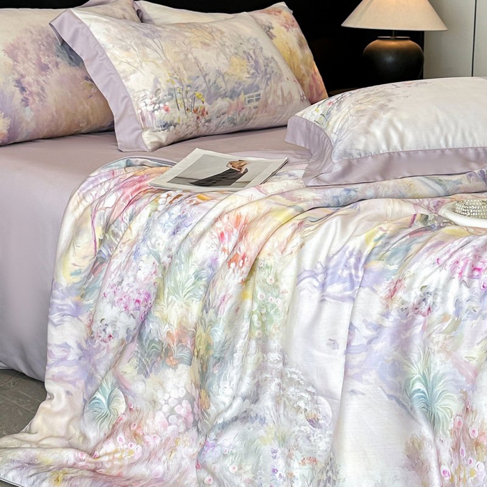 91家纺网 家纺一手货源 找家纺 慕晨 2026新款大宽边天丝莱赛尔数码印花夏被四件套高级简奢款丝滑丝绸直播热款 山野间