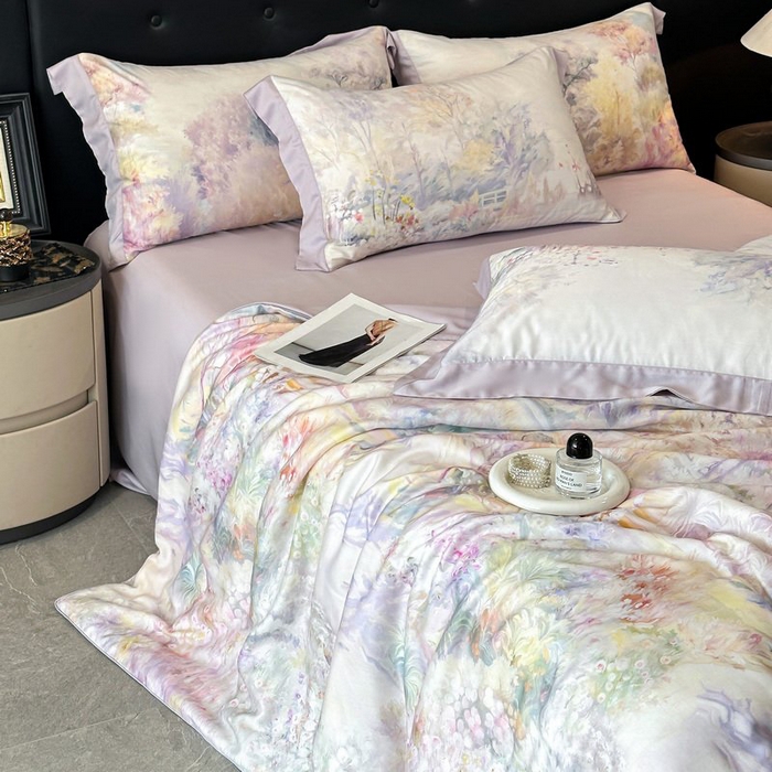 91家纺网 家纺一手货源 找家纺 慕晨 2026新款大宽边天丝莱赛尔数码印花夏被四件套高级简奢款丝滑丝绸直播热款 山野间