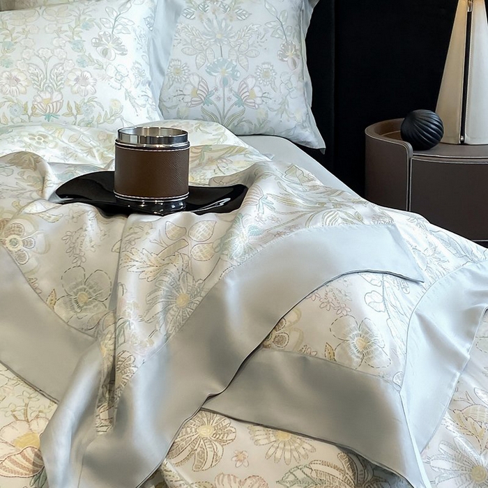 91家纺网 家纺一手货源 找家纺 慕晨 2026新款大宽边高级简奢款凉感天丝莱赛尔数码印花丝滑丝绸四件套直播热款 素瑾 绿