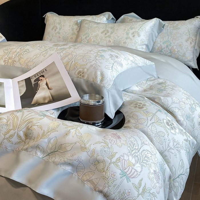 91家纺网 家纺一手货源 找家纺 慕晨 2026新款大宽边高级简奢款凉感天丝莱赛尔数码印花丝滑丝绸四件套直播热款 素瑾 绿