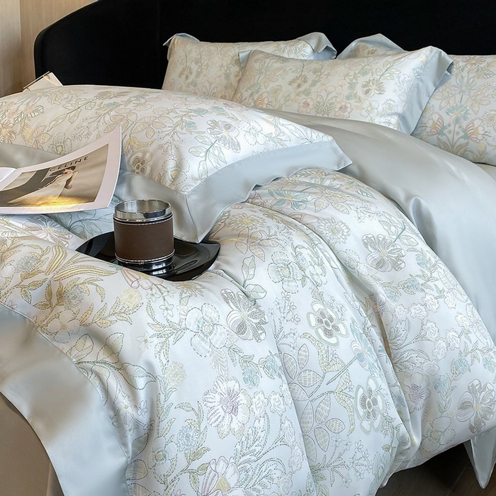 91家纺网 家纺一手货源 找家纺 慕晨 2026新款大宽边高级简奢款凉感天丝莱赛尔数码印花丝滑丝绸四件套直播热款 素瑾 绿