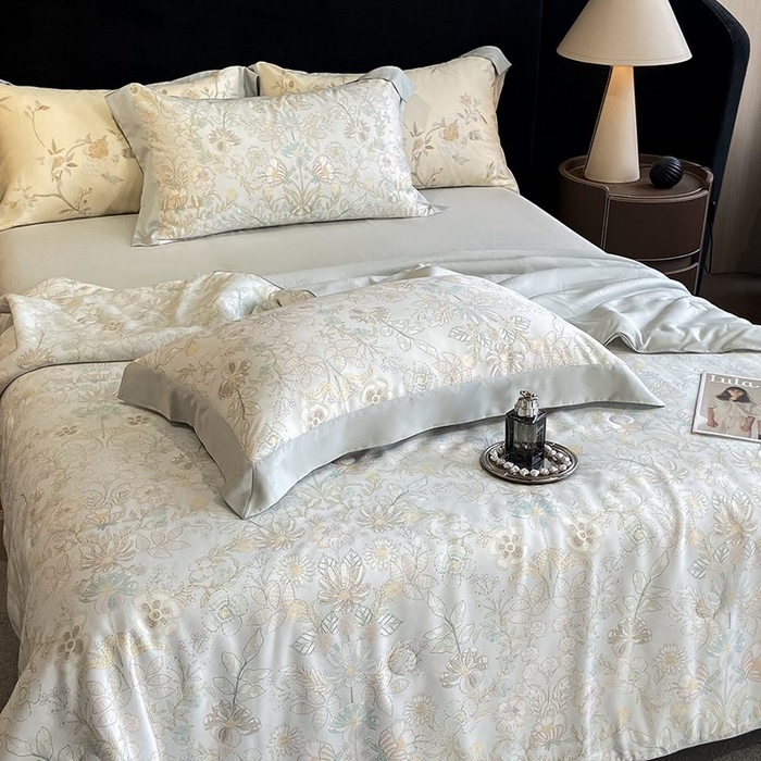 91家纺网 家纺一手货源 找家纺 慕晨 2026新款大宽边天丝莱赛尔数码印花夏被四件套高级简奢款丝滑丝绸直播热款 素瑾 绿