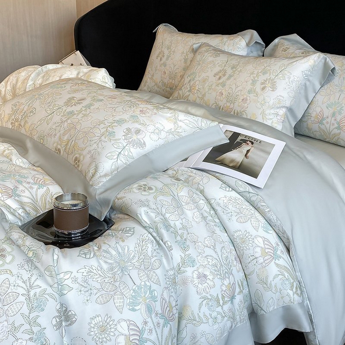 91家纺网 家纺一手货源 找家纺 慕晨 2026新款大宽边高级简奢款凉感天丝莱赛尔数码印花丝滑丝绸四件套直播热款 素瑾 绿