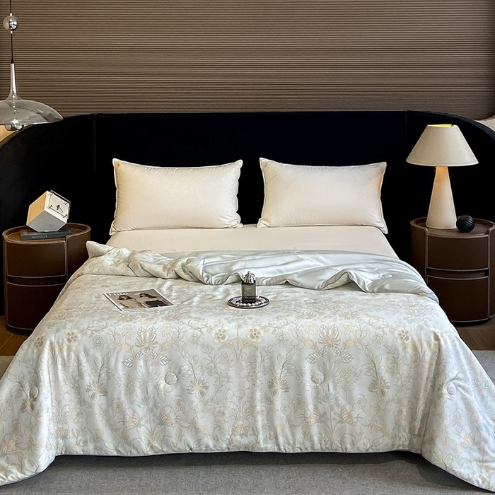 91家纺网 家纺一手货源 找家纺 慕晨 2026新款大宽边天丝莱赛尔数码印花夏被四件套高级简奢款丝滑丝绸直播热款 素瑾 绿