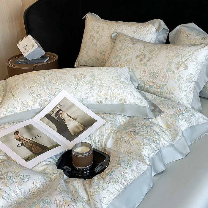 91家纺网 家纺一手货源 找家纺 慕晨 2026新款大宽边高级简奢款凉感天丝莱赛尔数码印花丝滑丝绸四件套直播热款 素瑾 绿