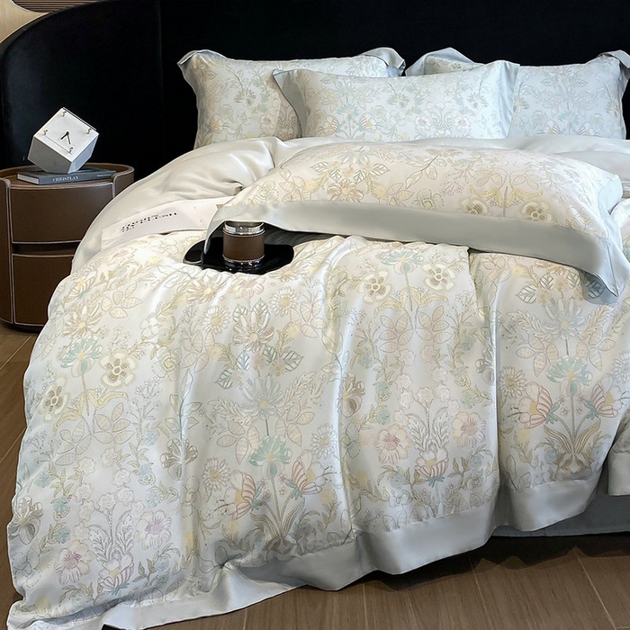 91家纺网 家纺一手货源 找家纺 慕晨 2026新款大宽边高级简奢款凉感天丝莱赛尔数码印花丝滑丝绸四件套直播热款 素瑾 绿