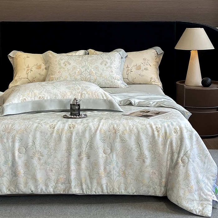 91家纺网 家纺一手货源 找家纺 慕晨 2026新款大宽边天丝莱赛尔数码印花夏被四件套高级简奢款丝滑丝绸直播热款 素瑾 绿