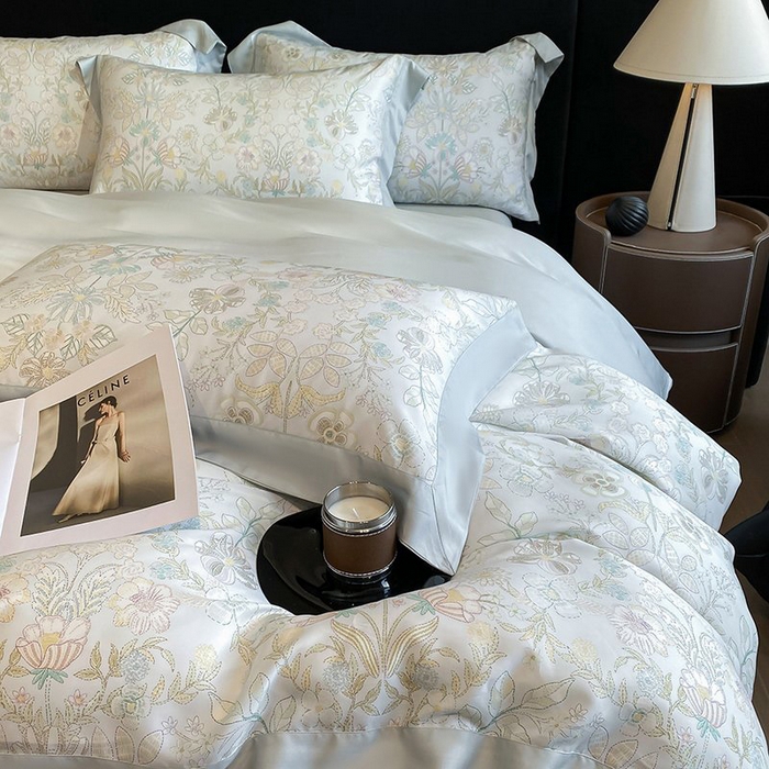 91家纺网 家纺一手货源 找家纺 慕晨 2026新款大宽边高级简奢款凉感天丝莱赛尔数码印花丝滑丝绸四件套直播热款 素瑾 绿