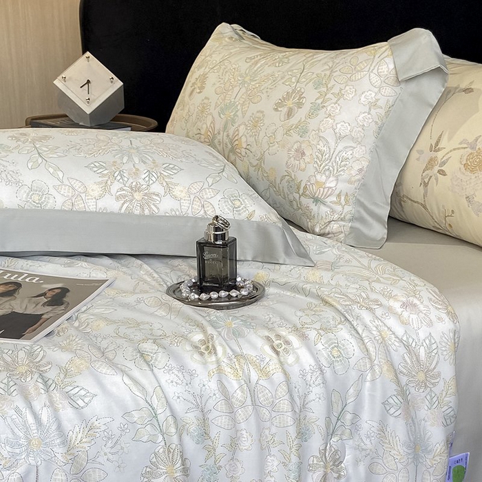 91家纺网 家纺一手货源 找家纺 慕晨 2026新款大宽边天丝莱赛尔数码印花夏被四件套高级简奢款丝滑丝绸直播热款 素瑾 绿