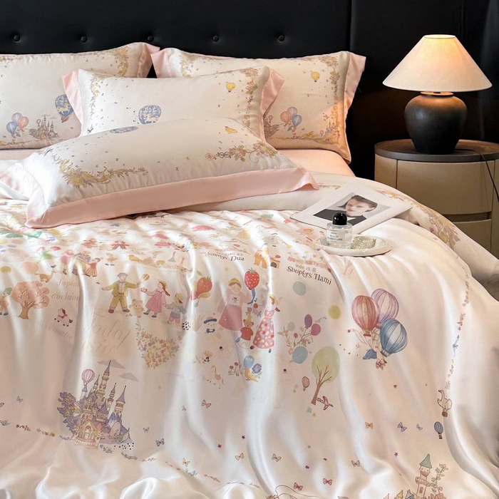 91家纺网 家纺一手货源 找家纺 慕晨 2026新款大宽边高级简奢款凉感天丝莱赛尔数码印花丝滑丝绸四件套直播热款 童梦