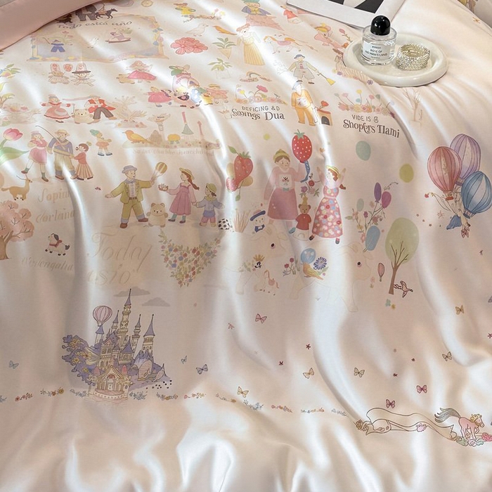 91家纺网 家纺一手货源 找家纺 慕晨 2026新款大宽边高级简奢款凉感天丝莱赛尔数码印花丝滑丝绸四件套直播热款 童梦