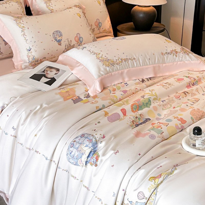 91家纺网 家纺一手货源 找家纺 慕晨 2026新款大宽边高级简奢款凉感天丝莱赛尔数码印花丝滑丝绸四件套直播热款 童梦