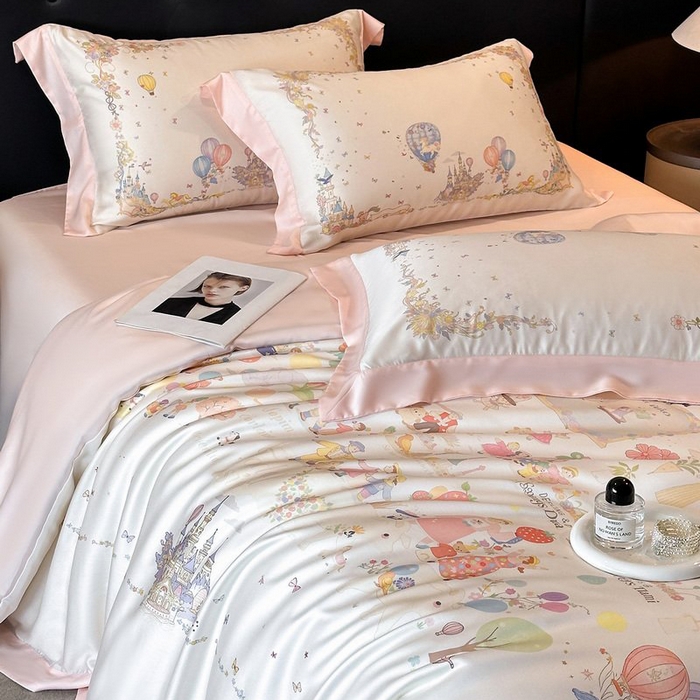 91家纺网 家纺一手货源 找家纺 慕晨 2026新款大宽边高级简奢款凉感天丝莱赛尔数码印花丝滑丝绸四件套直播热款 童梦