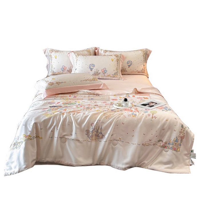 91家纺网 家纺一手货源 找家纺 慕晨 2026新款大宽边天丝莱赛尔数码印花夏被四件套高级简奢款丝滑丝绸直播热款 童梦