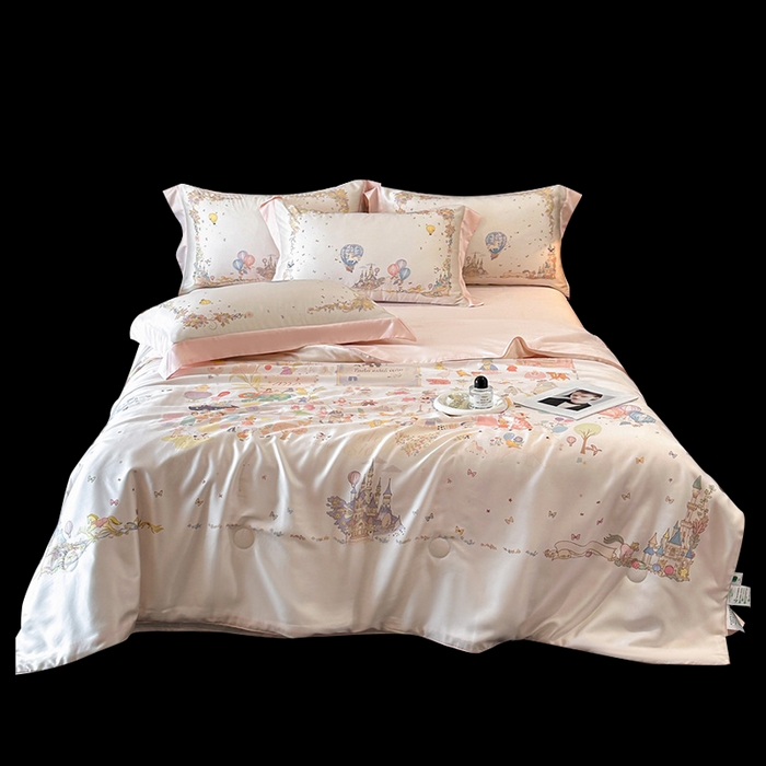 91家纺网 家纺一手货源 找家纺 慕晨 2026新款大宽边天丝莱赛尔数码印花夏被四件套高级简奢款丝滑丝绸直播热款 童梦