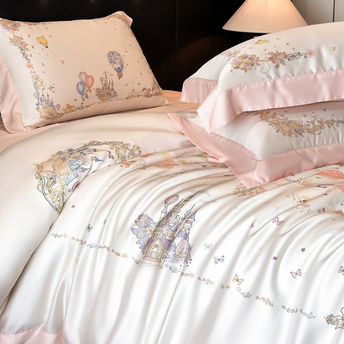 91家纺网 家纺一手货源 找家纺 慕晨 2026新款大宽边高级简奢款凉感天丝莱赛尔数码印花丝滑丝绸四件套直播热款 童梦