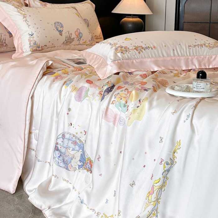 91家纺网 家纺一手货源 找家纺 慕晨 2026新款大宽边天丝莱赛尔数码印花夏被四件套高级简奢款丝滑丝绸直播热款 童梦