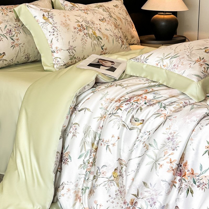 91家纺网 家纺一手货源 找家纺 慕晨 2026新款大宽边高级简奢款凉感天丝莱赛尔数码印花丝滑丝绸四件套直播热款 雾屿