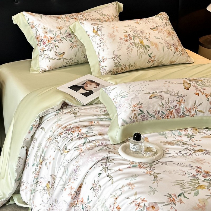 91家纺网 家纺一手货源 找家纺 慕晨 2026新款大宽边高级简奢款凉感天丝莱赛尔数码印花丝滑丝绸四件套直播热款 雾屿