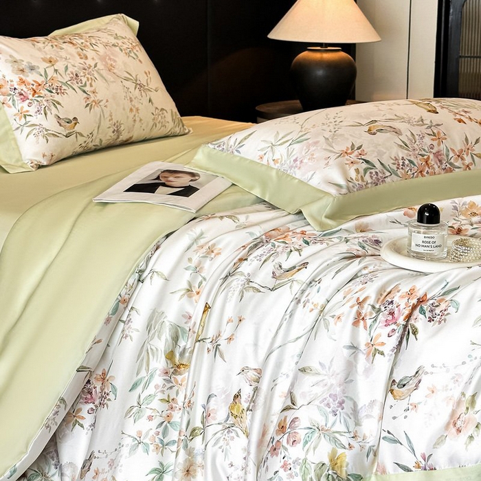 91家纺网 家纺一手货源 找家纺 慕晨 2026新款大宽边高级简奢款凉感天丝莱赛尔数码印花丝滑丝绸四件套直播热款 雾屿