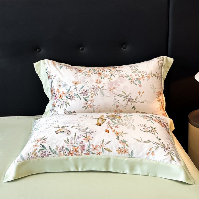 91家纺网 家纺一手货源 找家纺 慕晨 2026新款大宽边高级简奢款凉感天丝莱赛尔数码印花丝滑丝绸四件套直播热款 雾屿