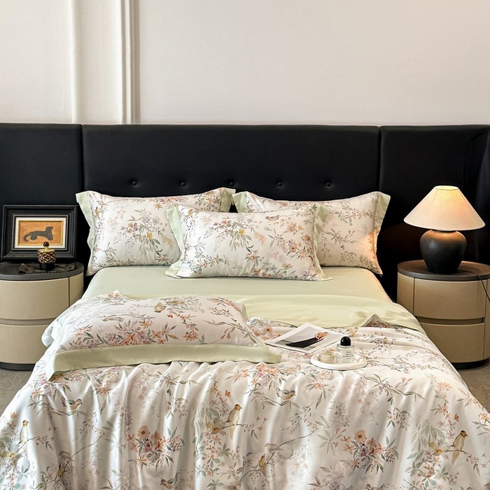 91家纺网 家纺一手货源 找家纺 慕晨 2026新款大宽边天丝莱赛尔数码印花夏被四件套高级简奢款丝滑丝绸直播热款 雾屿