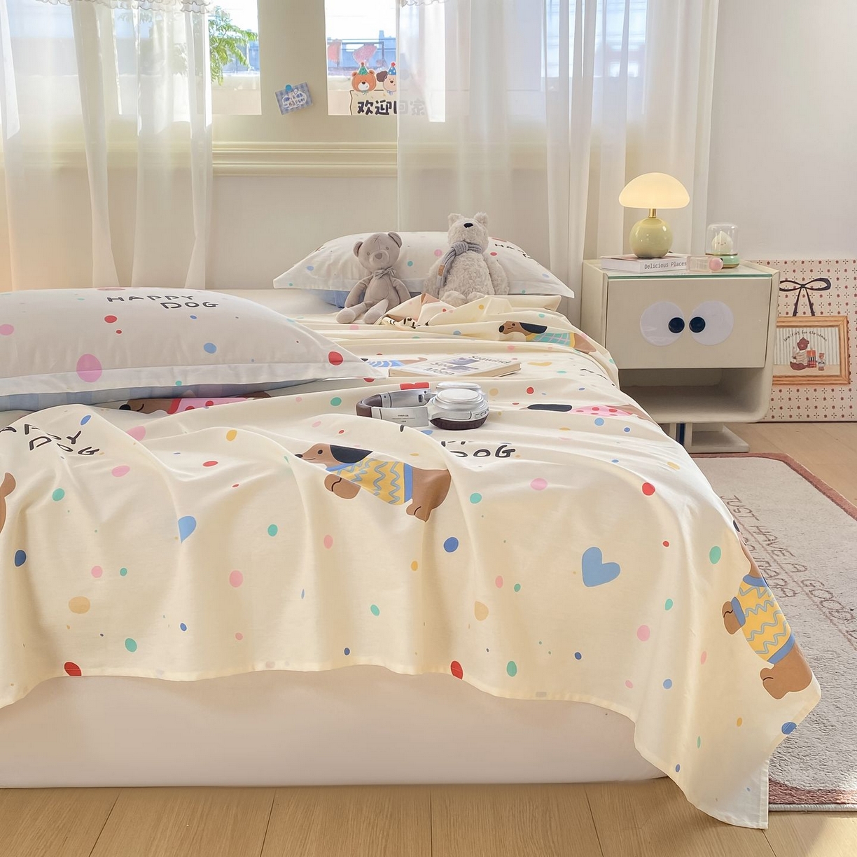 91家纺网 家纺一手货源 找家纺 女子家纺 2026新款全棉印花小清新系列-单床单 甜心汪星人