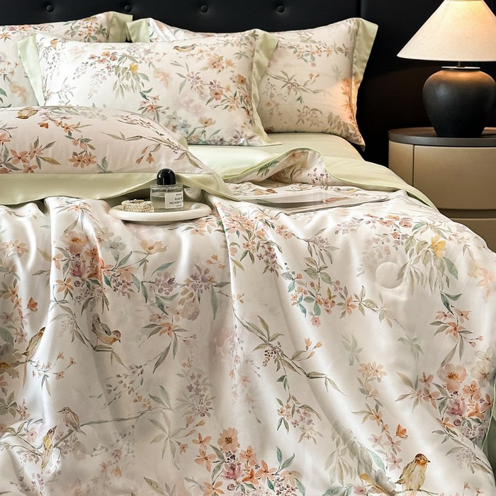 91家纺网 家纺一手货源 找家纺 慕晨 2026新款大宽边天丝莱赛尔数码印花夏被四件套高级简奢款丝滑丝绸直播热款 雾屿