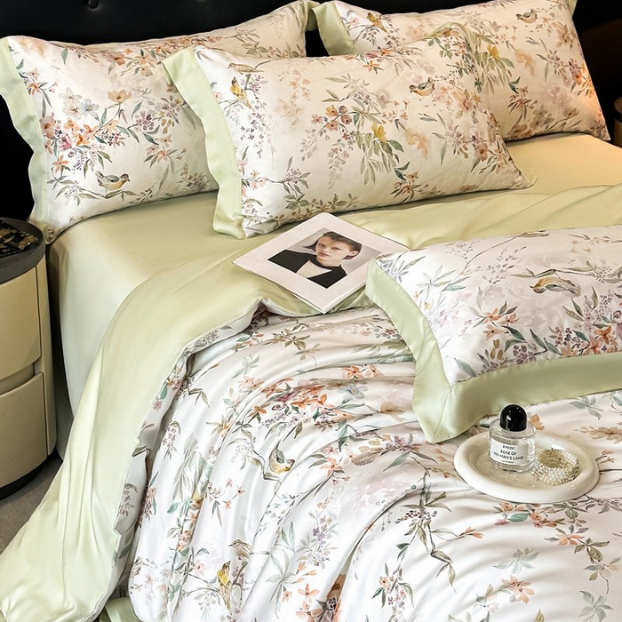 91家纺网 家纺一手货源 找家纺 慕晨 2026新款大宽边高级简奢款凉感天丝莱赛尔数码印花丝滑丝绸四件套直播热款 雾屿