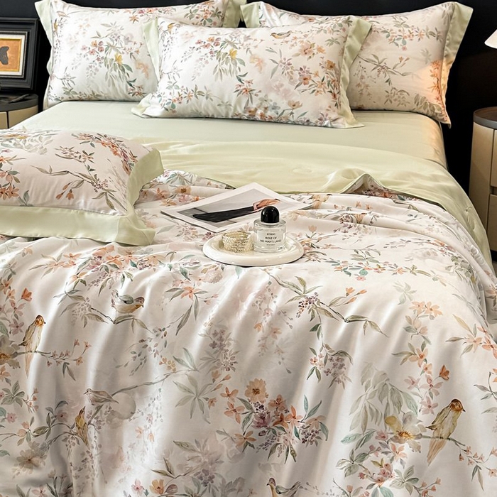 91家纺网 家纺一手货源 找家纺 慕晨 2026新款大宽边天丝莱赛尔数码印花夏被四件套高级简奢款丝滑丝绸直播热款 雾屿