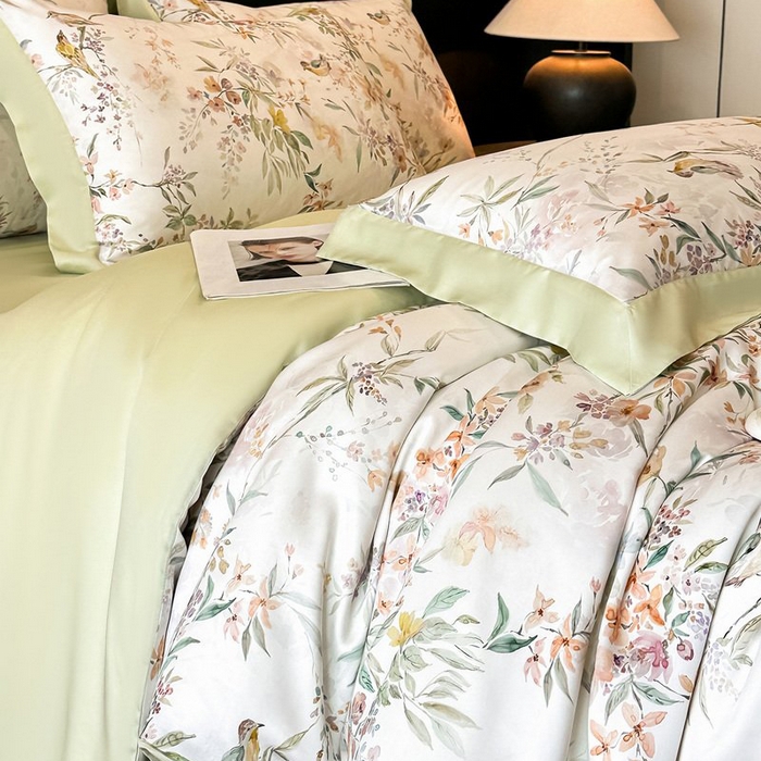 91家纺网 家纺一手货源 找家纺 慕晨 2026新款大宽边高级简奢款凉感天丝莱赛尔数码印花丝滑丝绸四件套直播热款 雾屿