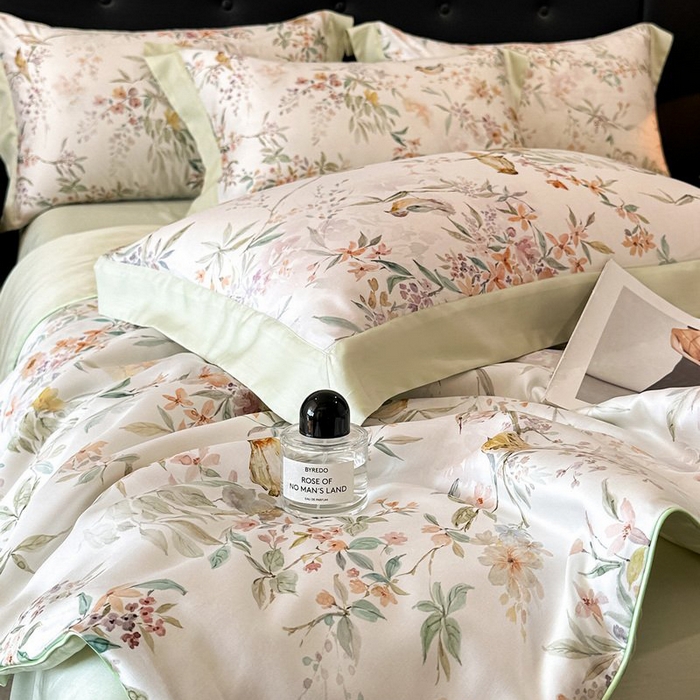 91家纺网 家纺一手货源 找家纺 慕晨 2026新款大宽边天丝莱赛尔数码印花夏被四件套高级简奢款丝滑丝绸直播热款 雾屿