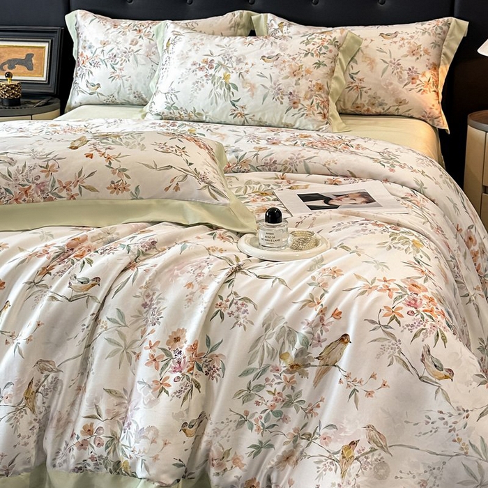 91家纺网 家纺一手货源 找家纺 慕晨 2026新款大宽边高级简奢款凉感天丝莱赛尔数码印花丝滑丝绸四件套直播热款 雾屿