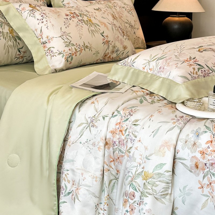 91家纺网 家纺一手货源 找家纺 慕晨 2026新款大宽边天丝莱赛尔数码印花夏被四件套高级简奢款丝滑丝绸直播热款 雾屿