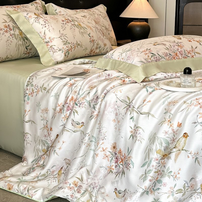 91家纺网 家纺一手货源 找家纺 慕晨 2026新款大宽边天丝莱赛尔数码印花夏被四件套高级简奢款丝滑丝绸直播热款 雾屿